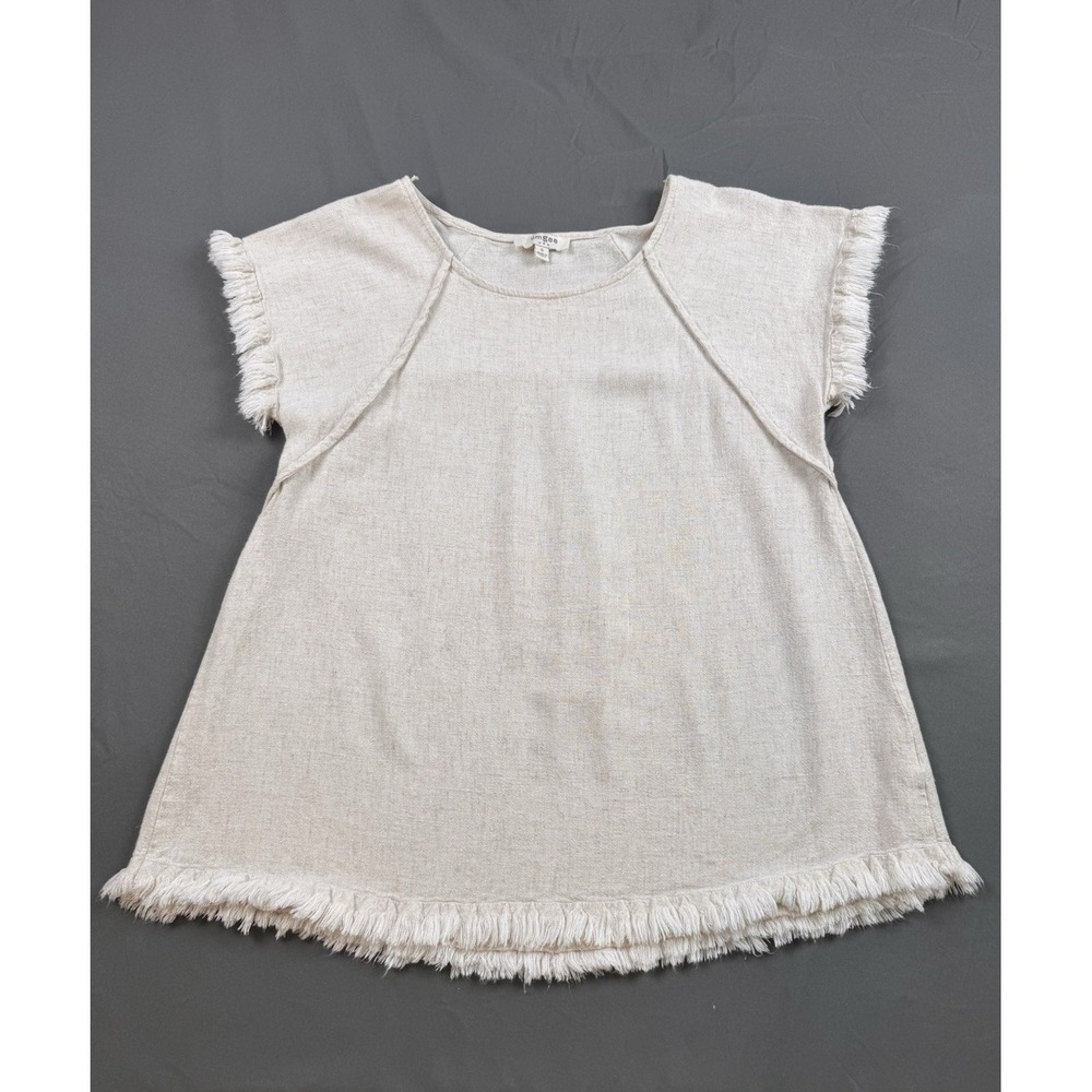 Umgee Top‎ Shirt Womens Small Cream Beige Linen Boho Fringe Beach Summer Resort